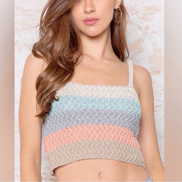 POL Shoulder Tie Color block Knit Crop Tank Top - Picture 3 of 5